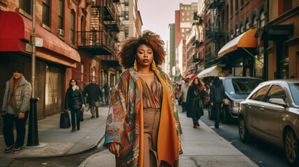 Elegant afro plus size woman walking in the city. Image Generative AI. - obrazy, fototapety, plakaty