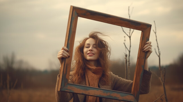 portrait of a young woman with a wooden frame.Image Generative AI.