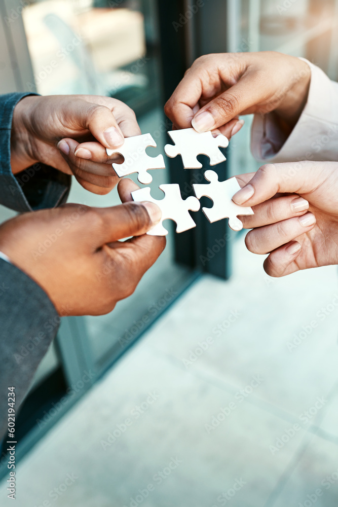 Aufkleber Closeup, hands and puzzle with collaboration, group and teamwork with partnership, planning and brainstorming. Zoom, staff and team with ideas, jigsaw pieces and cooperation with support and solution