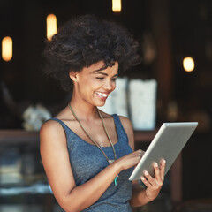 Tablet, smile or happy woman with online restaurant insight, positive feedback and happiness for...