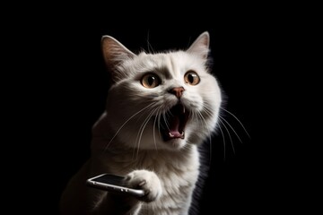 スマートフォンを見て驚き叫ぶ猫：AI作品
 - obrazy, fototapety, plakaty