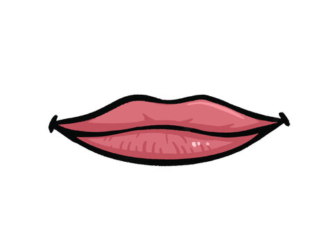 Cartoon styled women female lips or mouth smiling vector illustration isolated on horizontal white background. Outlined simple flat art styled lips.