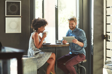 Tablet, coffee shop teamwork and happy team conversation about retail news, restaurant customer...