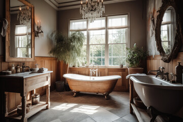 Naklejka na ściany i meble Cottagecore styled bathroom with lots of house plants. High quality generative ai