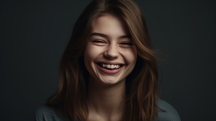 Fototapeta premium Closeup portrait of a beautiful smiling young woman on grey background.Generative Ai