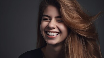 Naklejka premium Closeup portrait of a beautiful smiling young woman on grey background.Generative Ai