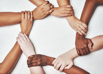 People, integration and hands together isolated on a white background in solidarity, support and diversity collaboration. Circle, strong and community power of women and men in synergy sign in studio - obrazy, fototapety, plakaty