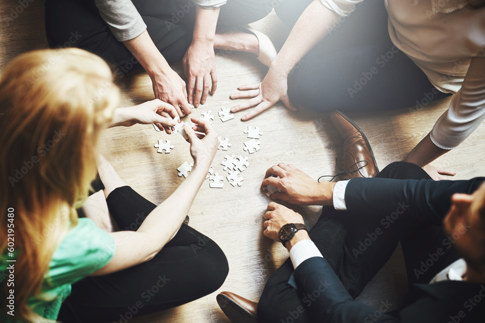 Aufkleber puzzle, teamwork and group of people thinking, planning or solution, collaboration or problem solvin