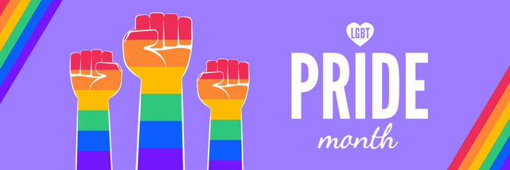 pride month  lgbt rainbow colorful raised fists banner background vector illustration