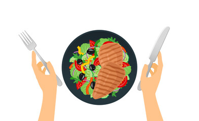 grilled chicken breast healthy  fresh vegetables salad  on plate fork and knife in hands  top view vector illustration