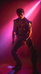 Photo realistic illustration of a guy, synthwave club. Anatomy and lighting reference. Generative AI.