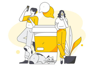 Virtual characters social communication concept business flat vector hand drawn illustration
