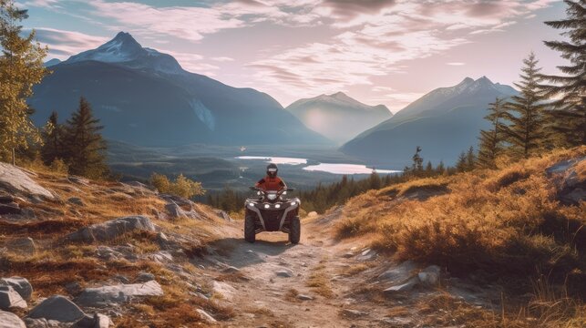 A person, riding ATV through the forest, with view of majestic mountain range in the background into strom first person view fantastic realism cinematic lighting, Generative AI