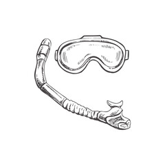Hand drawn sketch of diving mask and snorkel, vector Marine concept elements. Engraving illustration on white background.