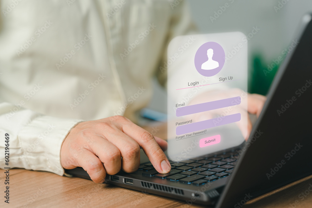 Poster Business man typing his user and password on a computer laptop. Cyber security concept to protect personal data. Secure encryption and access to the user's private information to access the internet.