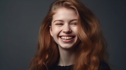Fototapeta premium Closeup portrait of a beautiful smiling young woman on grey background.Generative Ai