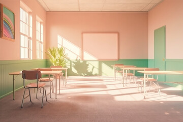 Retro 60s pastel colored classroom in school or university. Generated AI.