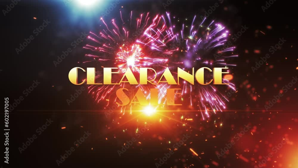 Poster clearance sale gold light text animation loop with fire burst firework and particles flow on black a
