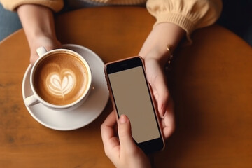 top view of a woman in casual clothes using her smartphone with blank white screen while chilling in a coffee shop, blank white screen. 
