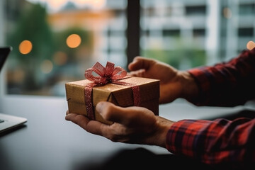 Person using a laptop computer with a small gift box. 