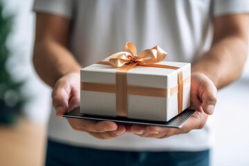 Person using a laptop computer with a small gift box. 