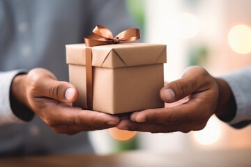 Person using a laptop computer with a small gift box. 