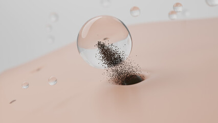 Cleansing water remove blackhead from pores. Woman facial skin care and acne treatment concept. 3D render