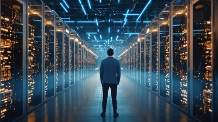 Futuristic 3D Concept: Big Data Center Chief Technology Officer Using Laptop Standing In Warehouse, Information Digitalization Lines Streaming Through Servers. SAAS, Cloud Computing, Web Service. 