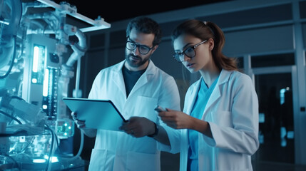 Portrait of Two Creative Young Female and Male Engineers Using Tablet Computer to Analyze and Discuss How to Proceed with the Artificial Intelligence Software, Standing in High Tech Research. 