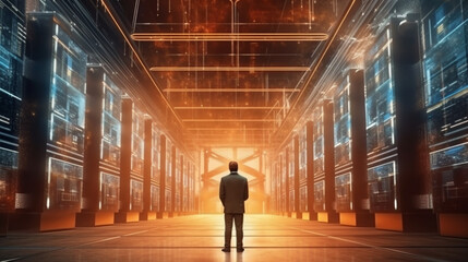 Futuristic 3D Concept: Big Data Center Chief Technology Officer Using Laptop Standing In Warehouse, Information Digitalization Lines Streaming Through Servers. SAAS, Cloud Computing, Web Services. 