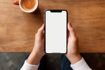 top view of a woman in casual clothes using her smartphone with blank white screen while chilling in a coffee shop, blank white screen. 
