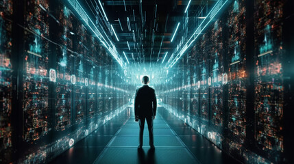 Futuristic 3D Concept: Big Data Center Chief Technology Officer Using Laptop Standing In Warehouse, Information Digitalization Lines Streaming Through Servers. SASS, Cloud Computing, Web Service. 