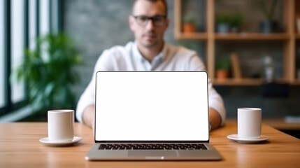 Young man using laptop computer with blank empty mockup screen. Business man working at office. Freelance, student lifestyle, e-learning, shopping online, web site, technolog. 
