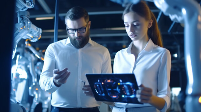 Portrait of Two Creative Young Female and Male Engineers Using Tablet Computer to Analyze and Discuss How to Proceed with the Artificial Intelligence Software, Standing in High Tech Research. 