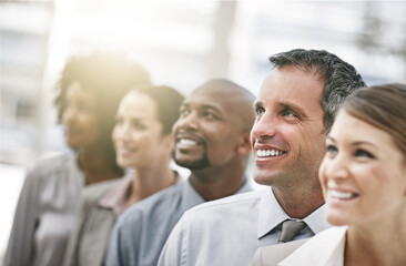 Fototapeta premium Business people, dream and future with team and diversity, with collaboration and company about us. Staff together, face and corporate mission, professional mindset with teamwork and happiness