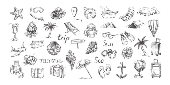 Hand drawn  sketch set of travel icons. Tourism and camping adventure icons. Сlipart with travelling elements: bags, transport, camera, map, palm, seashells.