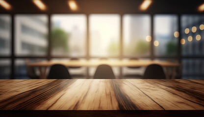Empty wooden office table with light sunny furnished office room with large window on background, by ai generative