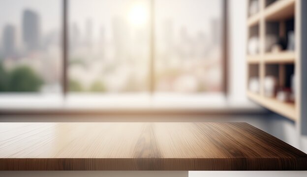 Empty wooden office table with light sunny furnished office room with large window on background, by ai generative