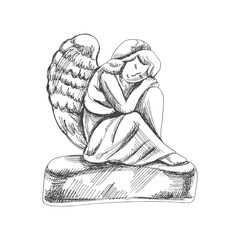 Hand drawn sad stone angel  sitting with his head on his knees. Marble tombstone. Vector drawing isolated illustration for funeral business. Sketch christian symbol of death, cemetery