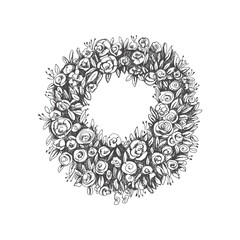 Funeral mortuary mourning flower wreath isolated on white background. Hand drawn vector isolated symbol of cemetery and burial place. Sketch vintage illustration for design of funeral service