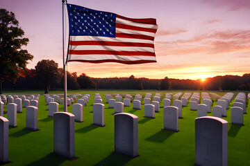 Veteran cemetery and U.S. flag illustration with officer. Military Appreciation Holidays concept