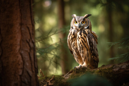 Close-up of an owl sitting in a forest, Generative AI