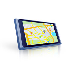 Tablet, search or location to travel on global digital road maps or direction route on white background. Mockup space, screen or mobile app ux display of journey trip, navigation or virtual guide