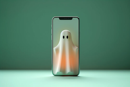 White ghost coming from smartphone. Phishing attack, unwanted advertising, suspicious account activity, ghosting, screen time increase minimalist concept. Happy Halloween postcard. AI generated image