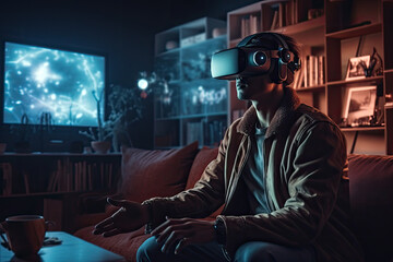 a man using a virtual reality headset on a couch. Generative Ai