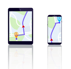 Tablet, smartphone or direction on road map to travel on city location or route on screen or white background. Mock up, digital or mobile app ux journey display, global navigation or virtual guide