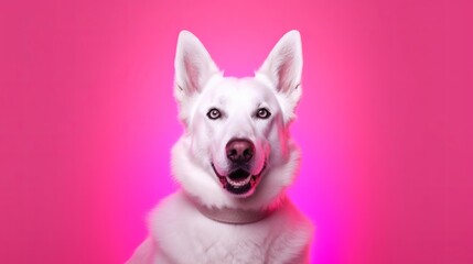 Representation of purebred pooch, White Shepherd disconnected over studio foundation in neon slope pink light channel. Creative resource, AI Generated
