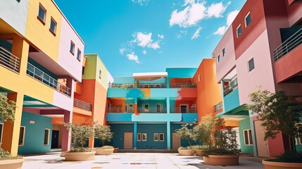 colorful building enamel and blue sky yard. Creative resource, AI Generated