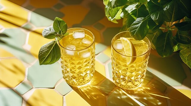 Reestablishing summer drinks in pearl glasses with green clears out yellow tile foundation with coldblooded shadows. Creative resource, AI Generated
