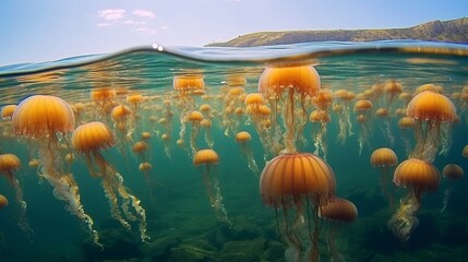 Particular little jellyfish Aurelia aurita in Devastating ocean. Crimea. Creative resource, AI Generated - obrazy, fototapety, plakaty